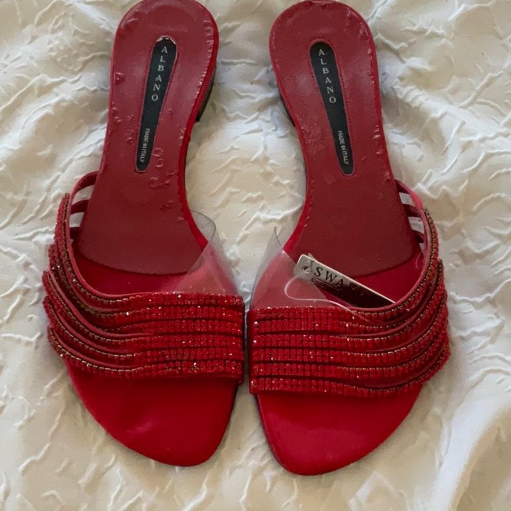 NWT ALBANO RED SWAROVSKI SANDALS EU39 8.5 9 stunning from Monaco, damaged soles